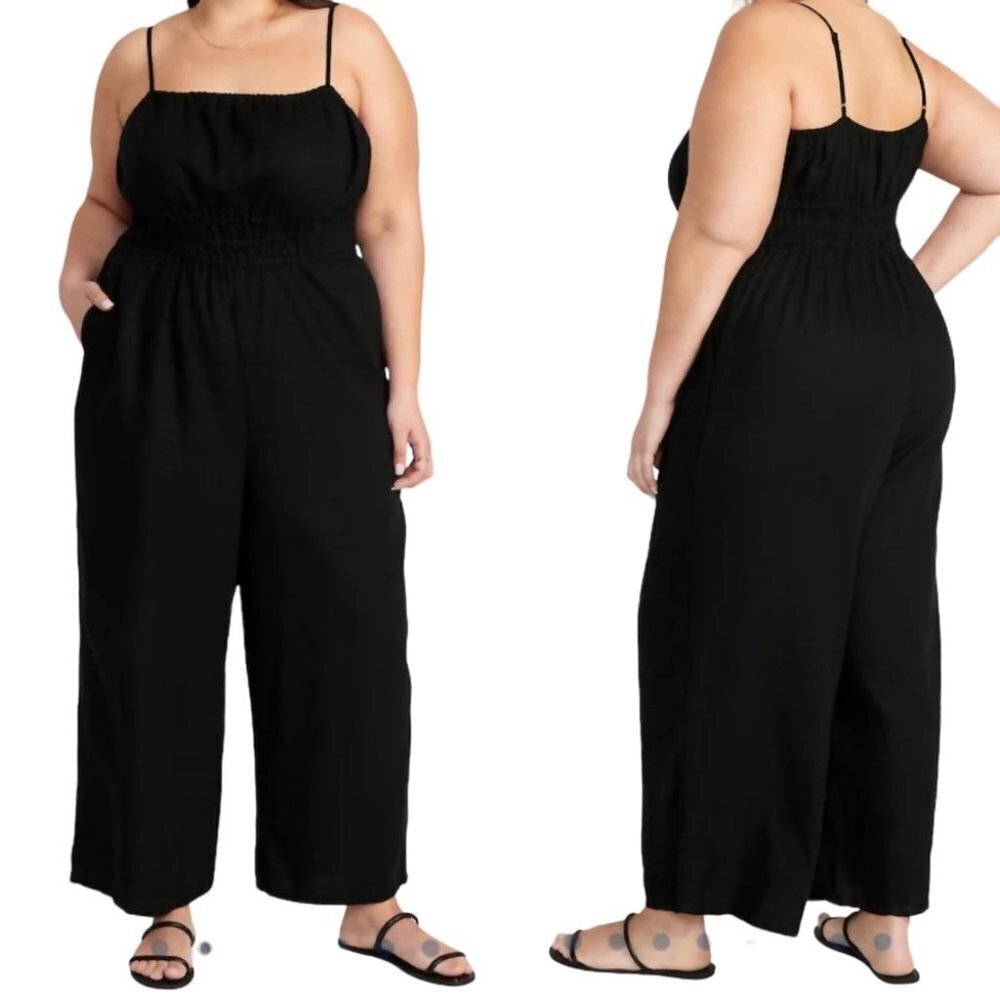 * Emma and Michele Black Linen Blend Wide Leg Tie Waist Jumpsuit Size 16